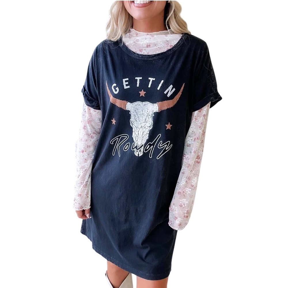 HRT & LUV Gettin Rowdy Graphic T-Shirt Dress Black Mineral Wash Western Cotton S